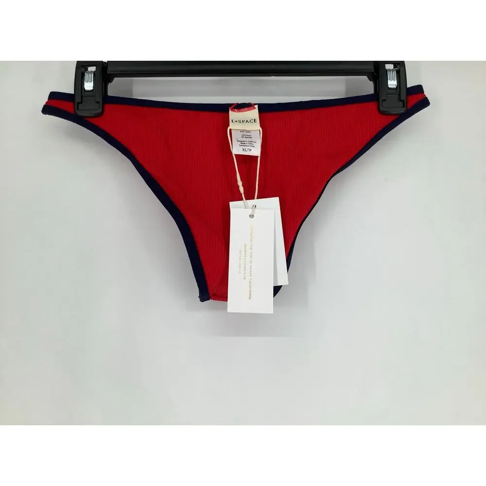 L Space Women's XS Red Navy Suzi Ribbed Swim Beach Resort Bikini Bottom F8-26